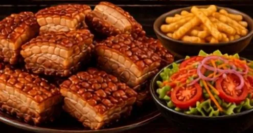 Bandeja de chicharrón de cerdo crujiente con patatas y ensalada