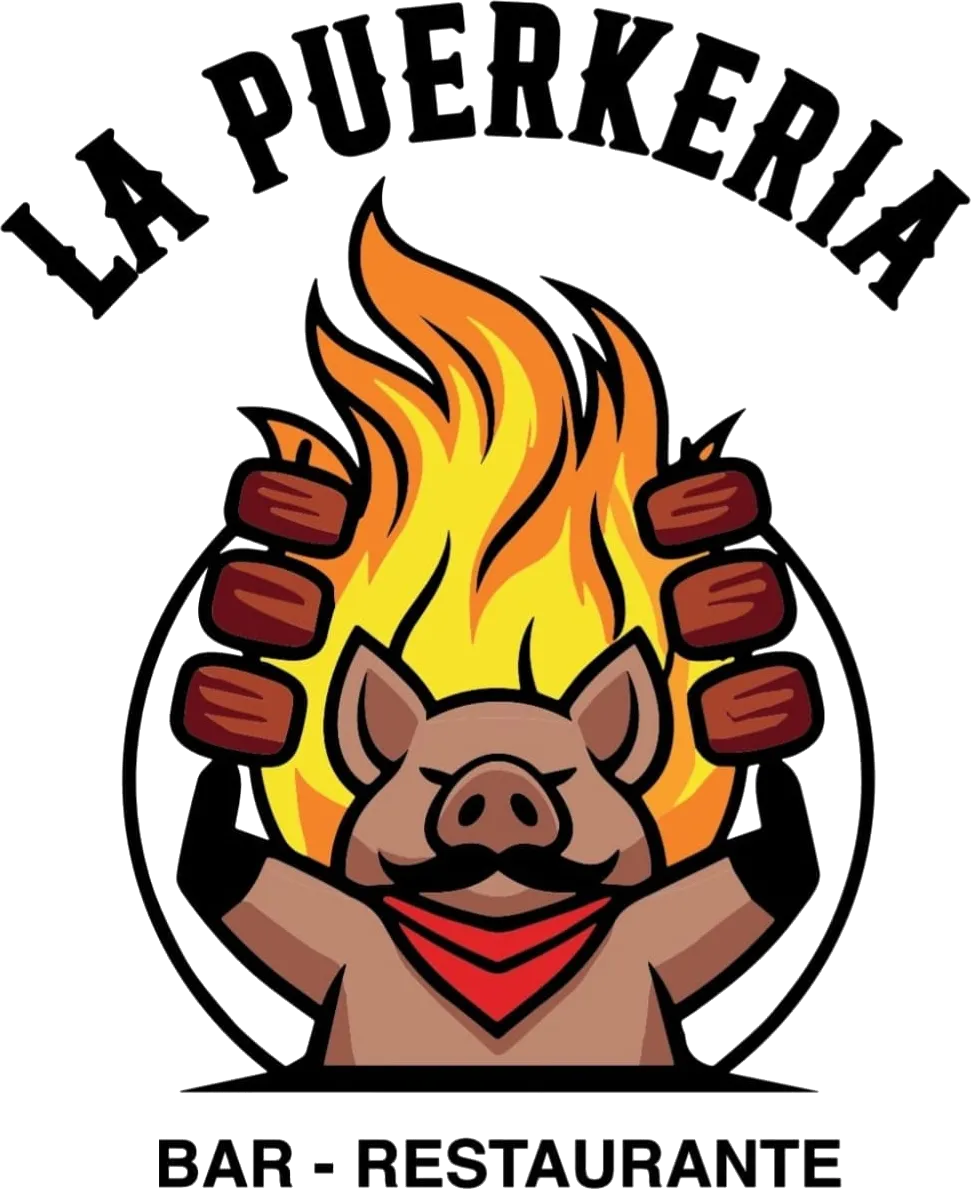 Logotipo de La Puerkeria: un cerdo con bigote y pañuelo rojo sostiene dos pinchos de carne frente a una llamarada, bajo el texto La Puerkeria Bar-Restaurante