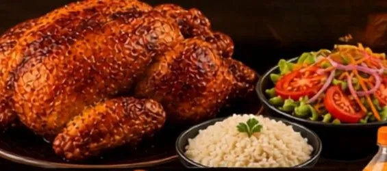Pollo entero a la brasa acompañado de arroz blanco y ensalada